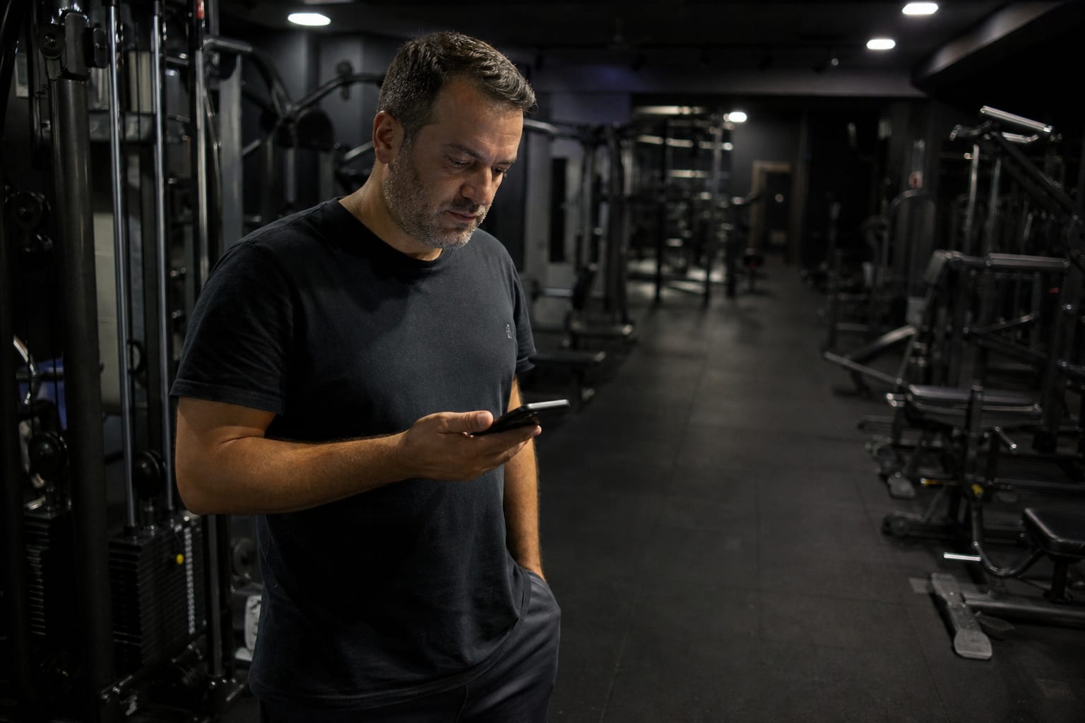 Franqueado de academia de bairro olhando o celular no salão vazio à noite