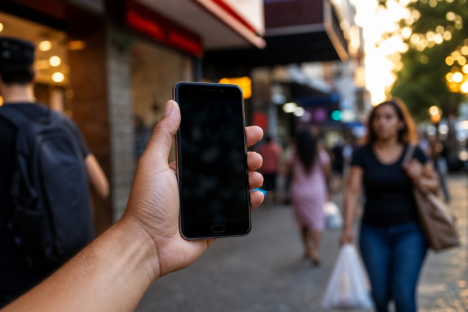 Pessoa consultando o celular na calçada de uma rua comercial com lojas ao fundo