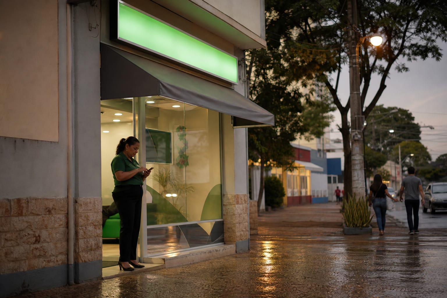Fachada de loja de bairro no fim da tarde com caixa de luz acesa e gerente conferindo o celular na porta